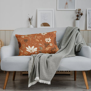 Coussin Rectangle Élégant Terra Cota Citrouille Automne Motif Floral