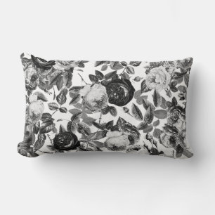 Coussin Rectangle Élégant Vintage noir et blanc Roses Floral
