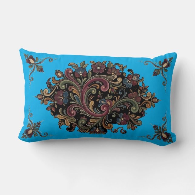Coussin Rectangle Elegant Vintage Rosemaling Patterned Pillow (Verso)