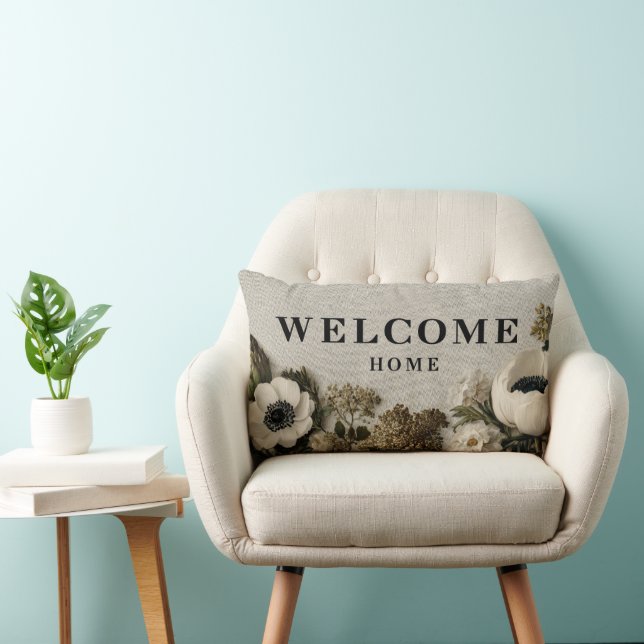 Coussin Rectangle Elégant "Welcome Home" Salutation avec art botaniq (Chaise)