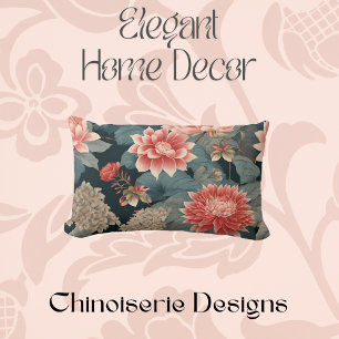 Coussin Rectangle Élégante Chinoiserie Turquoise Peach Florals