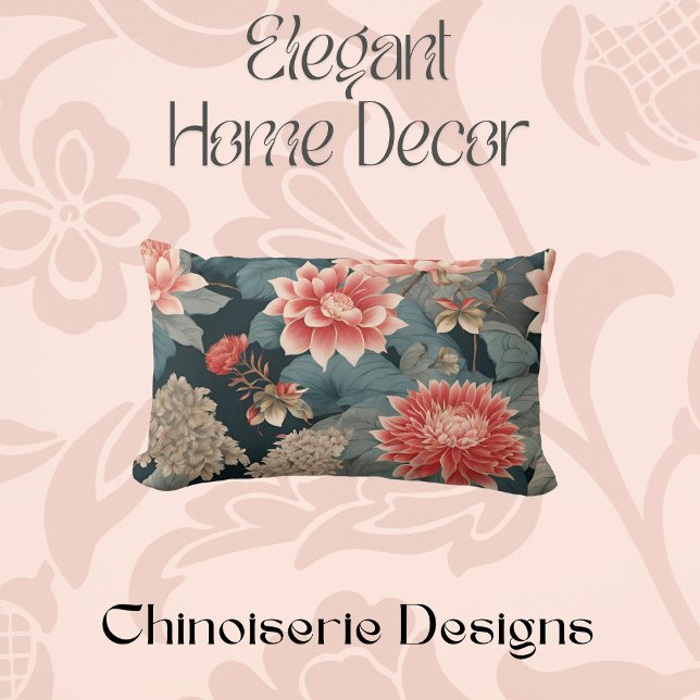 Coussin Rectangle Élégante Chinoiserie Turquoise Peach Florals (Créateur téléchargé)