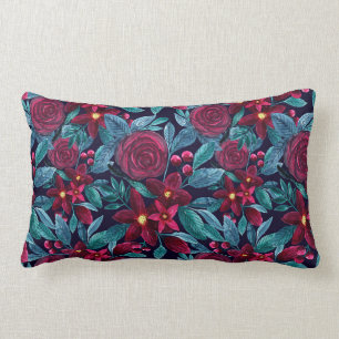 Coussin Rectangle Elégante marine Bourgogne Noël Floral Aquarelle