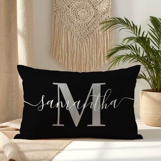 Coussin Rectangle Élégante Signature Grise Moderne Monogramme Noir (Elegant Signature Grey Modern Monogram Black Lumbar Pillow)