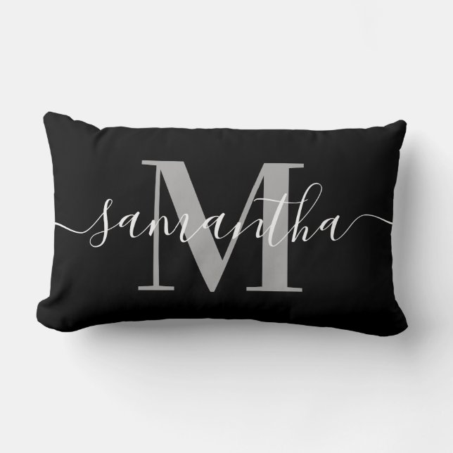 Coussin Rectangle Élégante Signature Grise Moderne Monogramme Noir (Recto)