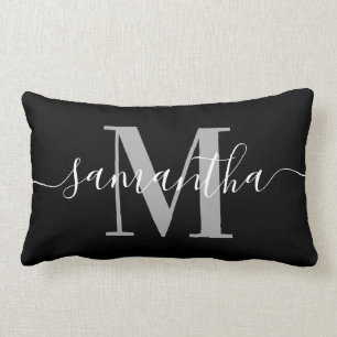Coussin Rectangle Élégante Signature Grise Moderne Monogramme Noir
