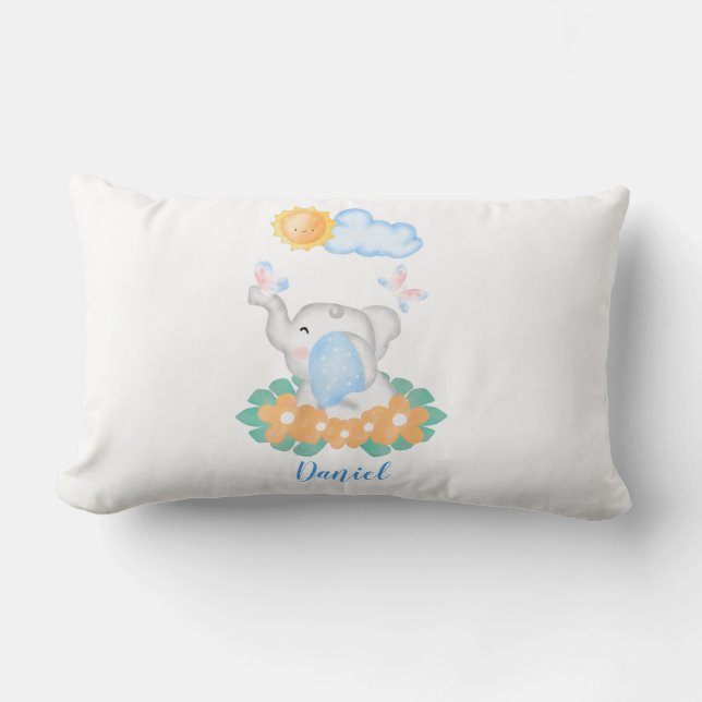 Coussin Rectangle Eléphant Bébé mignon avec fleurs Lumbar Cushion (Recto)