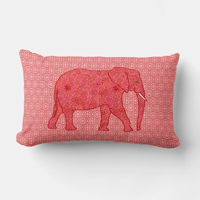 Coussin Rectangle Eléphant de fleurs - rouge profond et corail (Recto)