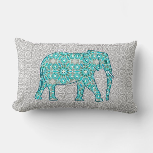 Coussin Rectangle Eléphant fleur Mandala - turquoise, gris & blanc (Recto)