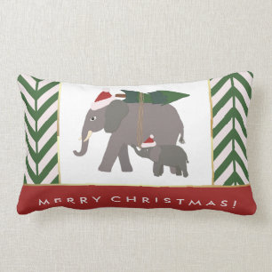 Coussin Rectangle Éléphants de Noël avec Casquettes, Arbre et Chevro