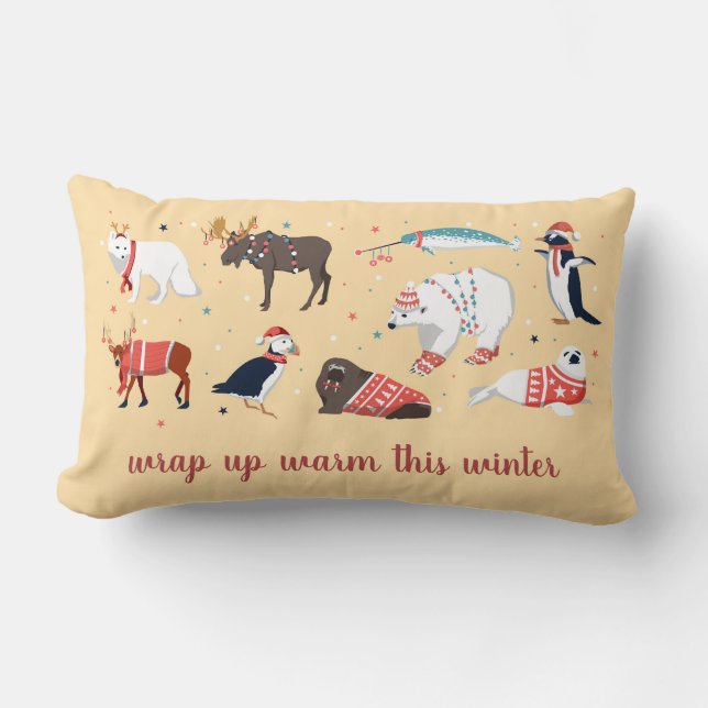 Coussin Rectangle Emmitouflez-vous Animaux d'Hiver Art Populaire Noë (Recto)