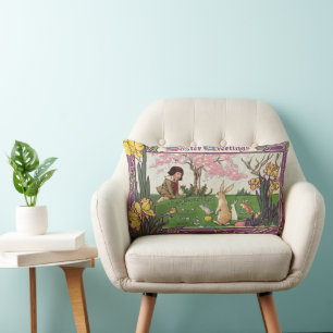 Coussin Rectangle Enfant Vintage lors d'une chasse aux œufs de Pâque