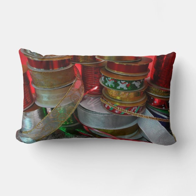 Coussin Rectangle Épaves de Noël Ruban Holiday Rouge et or (Recto)