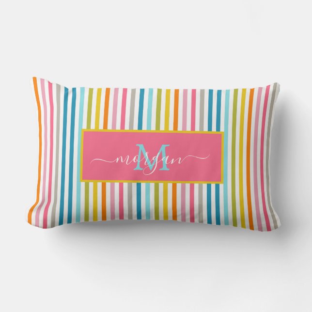 Coussin Rectangle Été Arc en ciel rayures Monogramme Script (Recto)