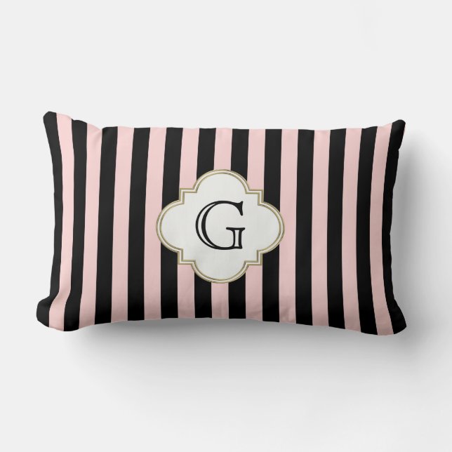 Coussin Rectangle Étiquette de monogramme blanc en bande noire rose (Recto)