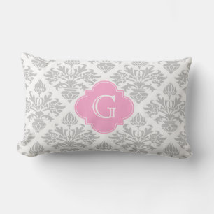 Coussin Rectangle Étiquette Monogramme Rose Lg Gris Blanc Floral Dam