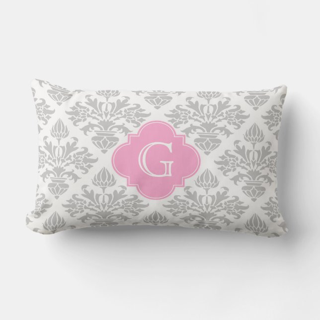 Coussin Rectangle Étiquette Monogramme Rose Lg Gris Blanc Floral Dam (Recto)