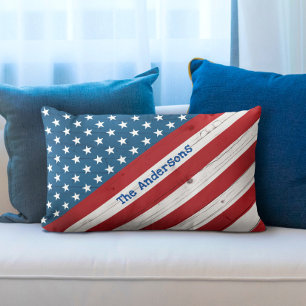 Coussin Rectangle Étoiles Bandes USA Drapeau Américain Rustique Nom