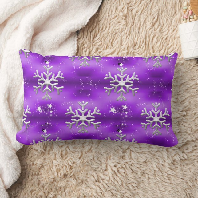 Coussin Rectangle Étoiles et flocons de neige en argent Noël violet (Couverture)