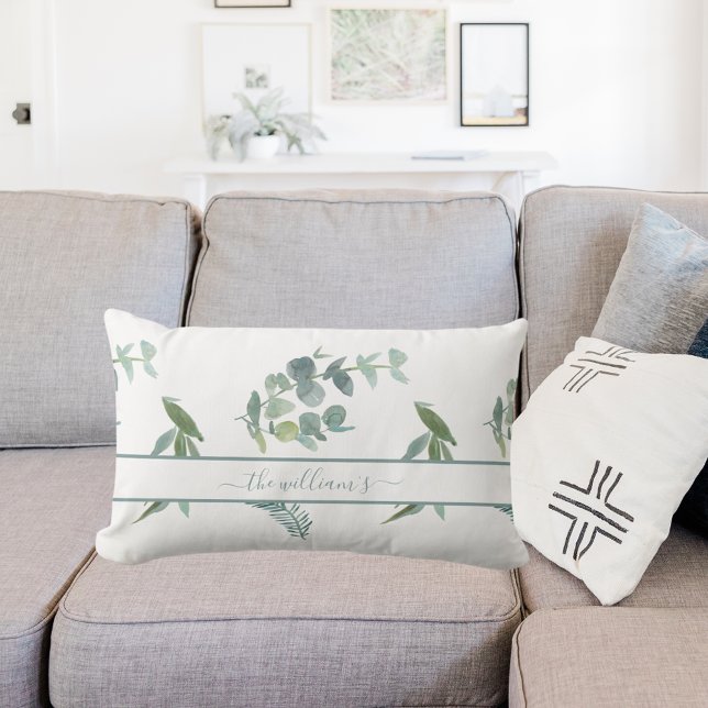 Coussin Rectangle Eucalyptus olive motif blanc vert (Créateur téléchargé)