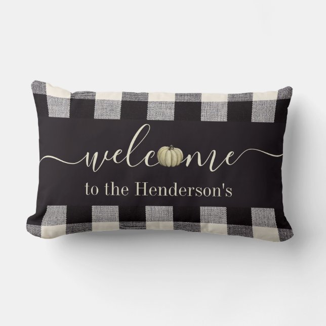 Coussin Rectangle Fall Farmhouse En vichy Citrouille Welcome Nom de  (Recto)