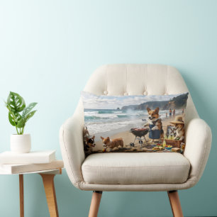 Coussin Rectangle Famille Corgi à la Plage