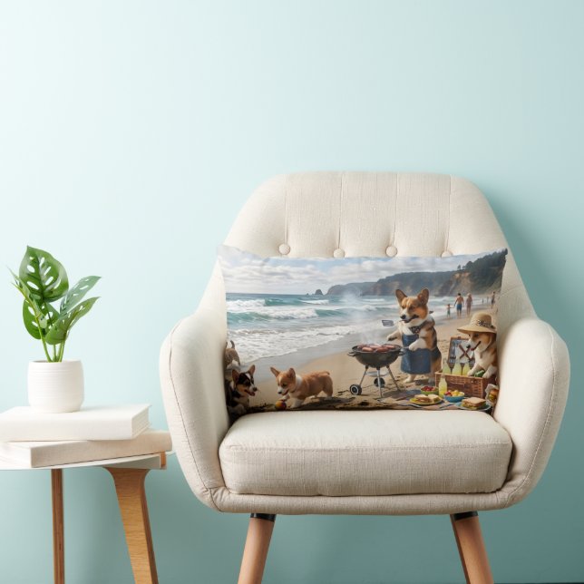 Coussin Rectangle Famille Corgi à la Plage (Chaise)