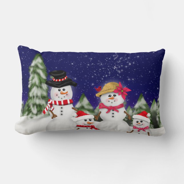 Coussin Rectangle Famille de bonhomme de neige d'hiver (Recto)