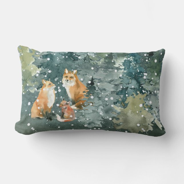 Coussin Rectangle Famille de renards dans une forêt enneigée (Recto)