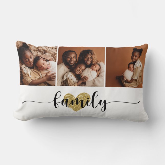 Coussin Rectangle Family Love Black Script 3 Photos Custom Collage (Recto)