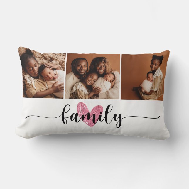 Coussin Rectangle Family Love Black Script 3 Photos Custom Collage (Recto)