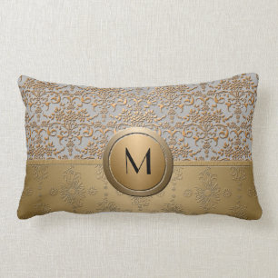 Coussin Rectangle Fancy Simulated Or et Argent Monogramme Damask