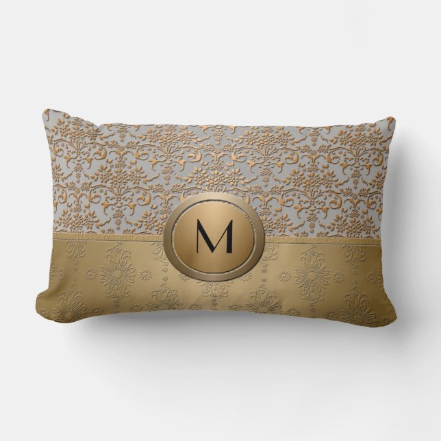 Coussin Rectangle Fancy Simulated Or et Argent Monogramme Damask (Recto)