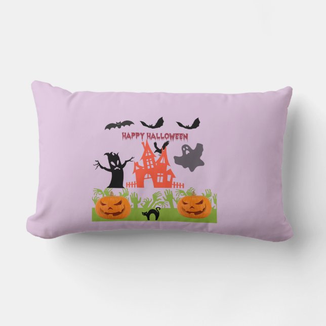 Coussin Rectangle Fantôme/Corbeau survolant le Manoir Hanté (Recto)