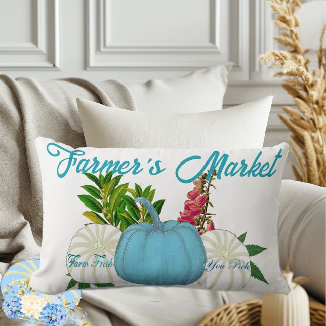 Coussin Rectangle Farmers Citrouille Chute Bleu Bleu Blanc Récolte (Farmers Market Fall Pumpkins White Blue Harvest Lumbar Pillow)