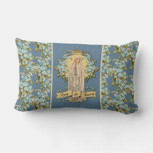 Coussin Rectangle Fatima Vierge Marie Bleu Rosaire Floral