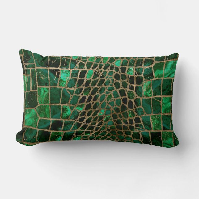 Coussin Rectangle Faux Crocodile texture malachite et or (Recto)
