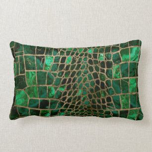 Coussin Rectangle Faux Crocodile texture malachite et or