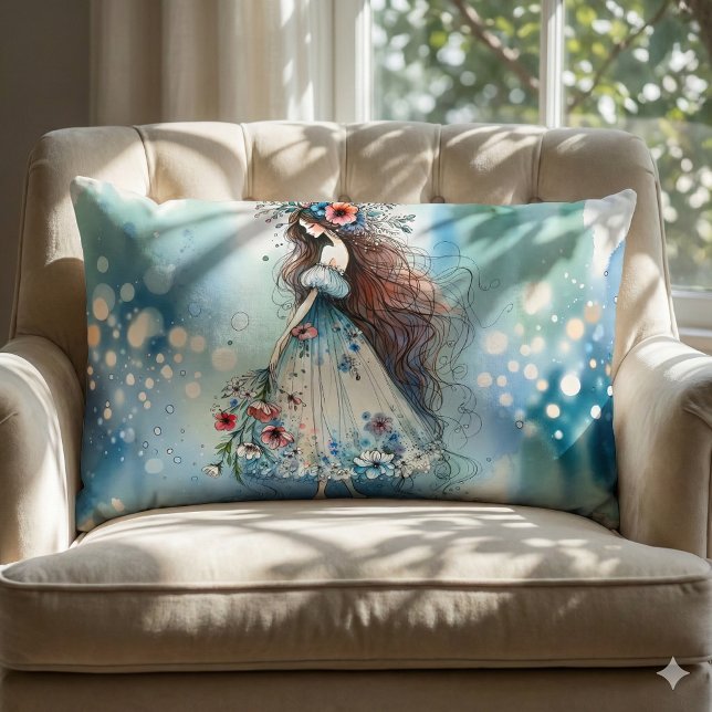Coussin Rectangle Fée de la Fleur Éthérée dans un Paysage de Rêve à  (Ethereal Flower Fairy in Watercolor Dreamscape Lumbar Pillow Mockup A)