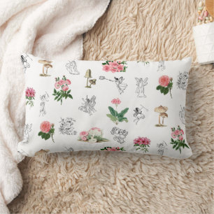 Coussin Rectangle Fées Rose Floral & Champignons Motif de fées