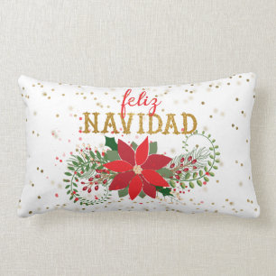 Coussin Rectangle Feliz Navidad Gold Parties scintillant Poinsettia