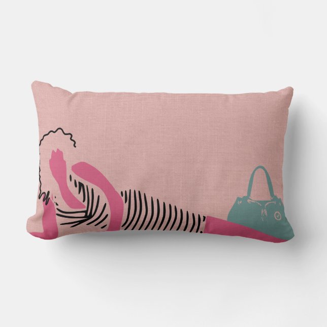 Coussin Rectangle Femme courbée cheveux et robe rayée noire (Recto)