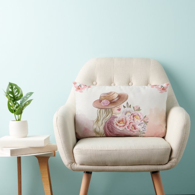 Coussin Rectangle Femme Élégante avec Pivoines Impression d'Art Aqua (Chaise)