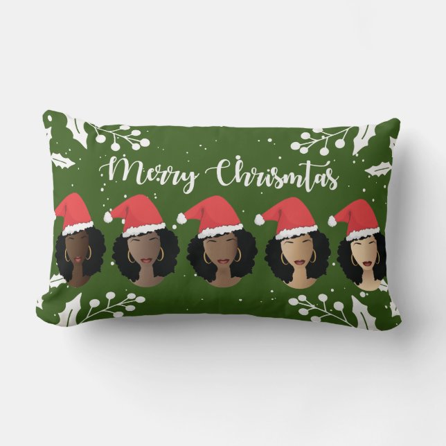 Coussin Rectangle Femmes noires, Joyeux chapeaux de Noël, Vert (Recto)