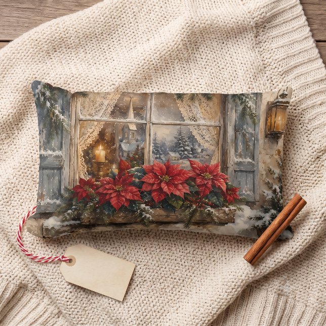 Coussin Rectangle Fenêtre de Noël au Poinsettia enneigé (Snowy Poinsettia Christmas Window Lumbar Pillow)