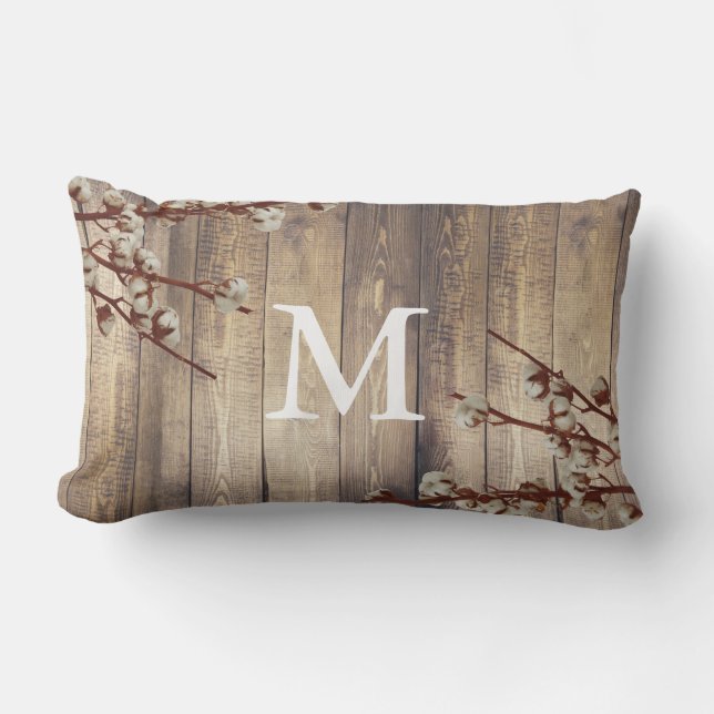 Coussin Rectangle Ferme Fleurs de coton Planche de bois clair Monogr (Recto)