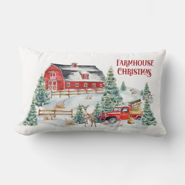 Coussin Rectangle Ferme Noël Grange et Camion Snow Scene (Recto)