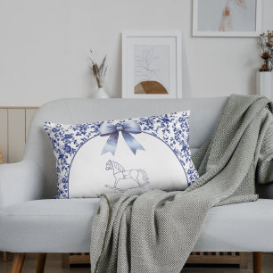 Coussin Rectangle Fête de Bébé Cheval à Bascule Toile Bleue Vintage