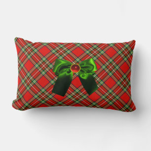 COUSSIN RECTANGLE FÊTE DE NOËL AUX RUBANS ROUGES VERTS ET TARTAN ÉCO