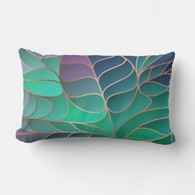 Coussin Rectangle Feuille Turquoise, Aqua et Purple Nouveau Art Nouv (Recto)